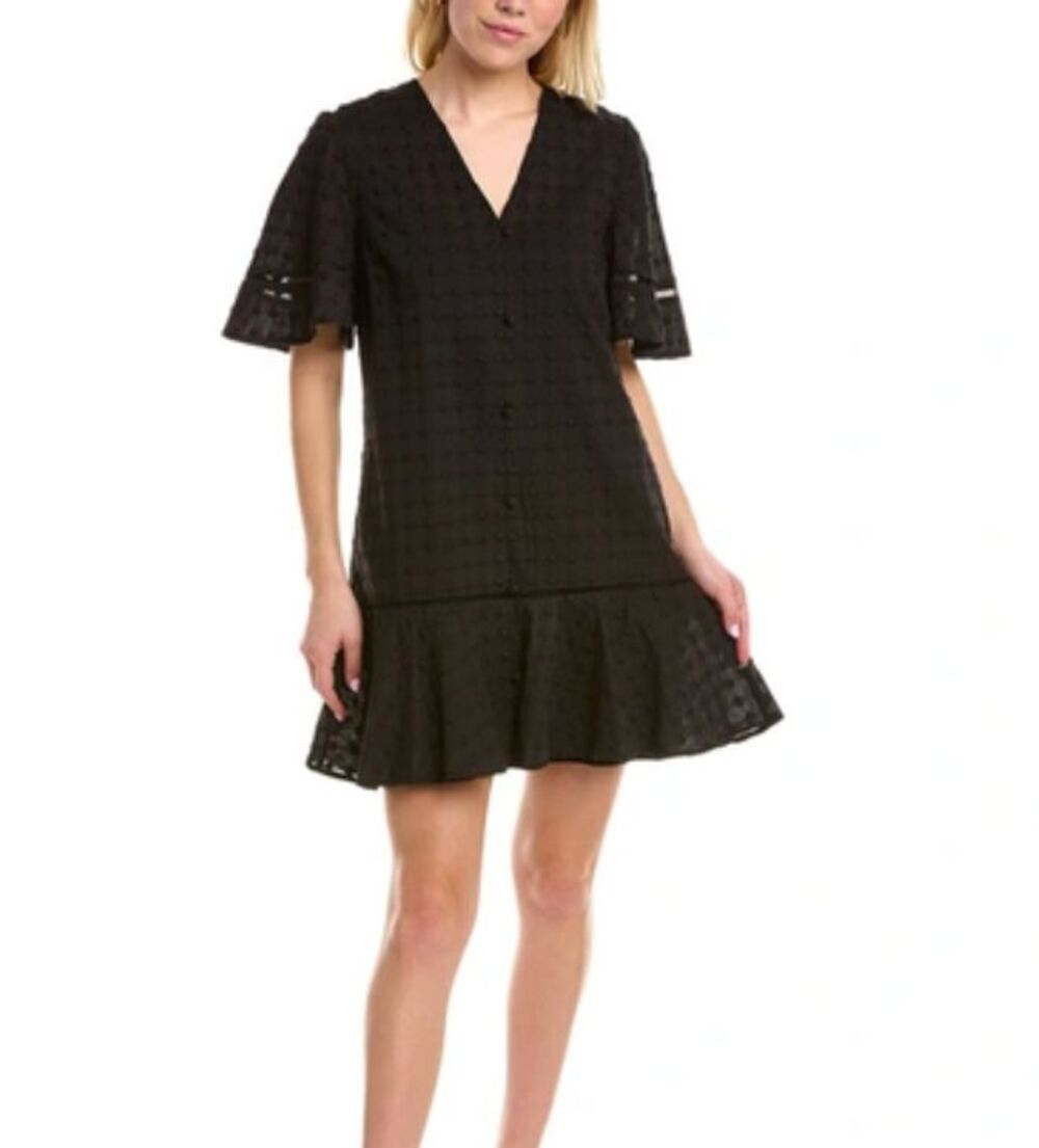 Pearl By Lela Rose Dotted Flounce Hem Mini Dress In Black Size Medium
